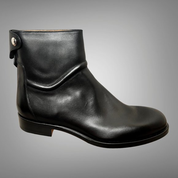 Hermes NIB Luxurious Black Calfskin Leather Ankle Boot EU Size 45 Shoes Hermès Black Leather Ankle Boots with Ruthenium Clasp Size 44 EU main image 2